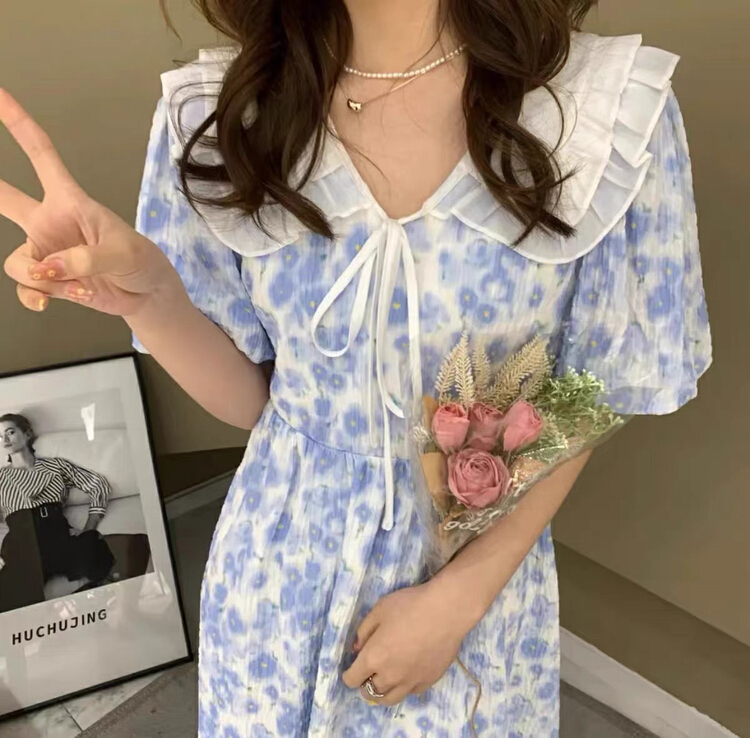 [Huaxi] lotus leaf collar blue floral dress 9001# PCZ