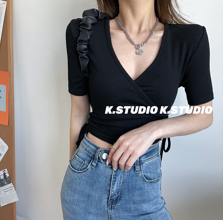 初夏上新!【KIM STUDIO】V領側邊抽繩短袖T恤(不配鏈條)  3161#  PCZ