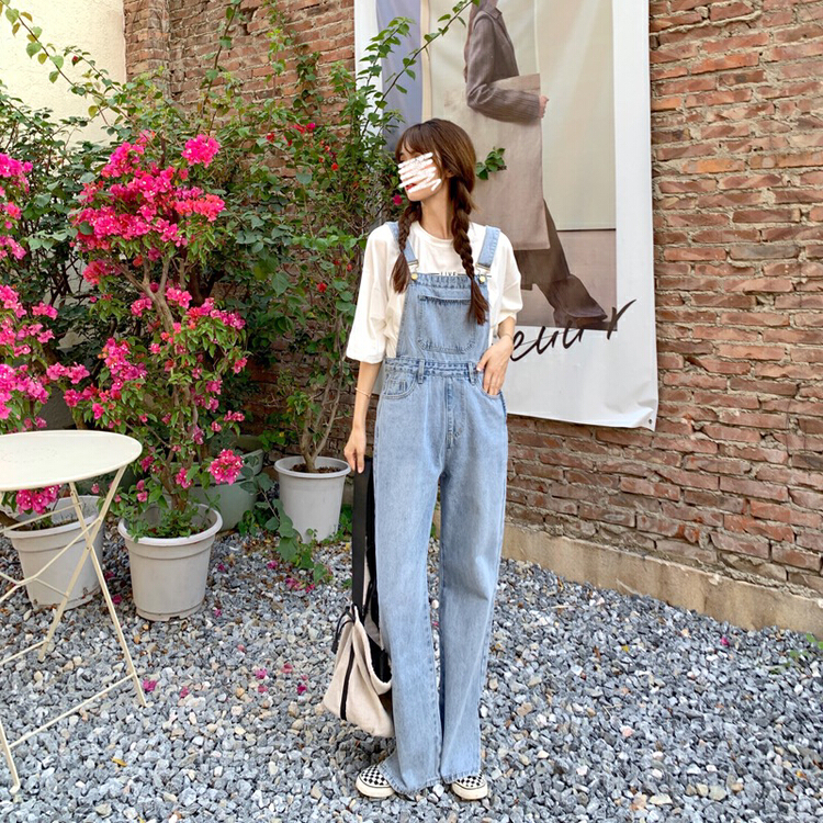 goods in stock! New year in early spring! [timely rain] Han Feng ins age reducing straight tube shows thin, high waist floor dragging wide leg suspenders a7020# jhy