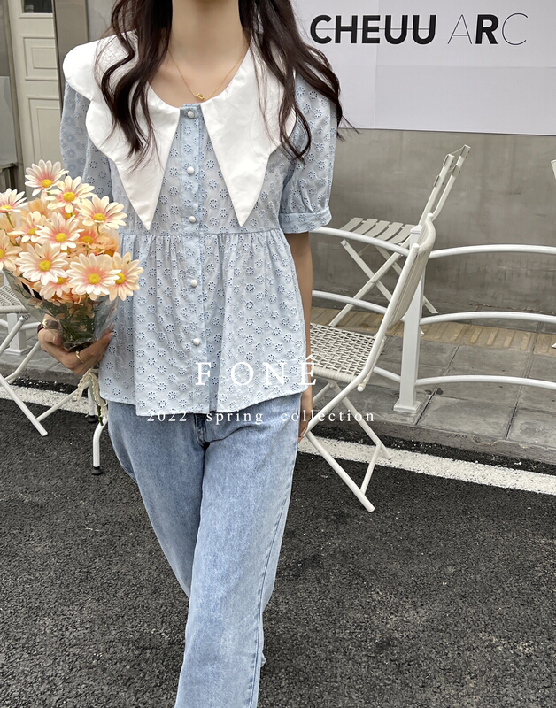 New in early summer! [f one] sweet cute baby collar embroidered short sleeve shirt 66060# WPL