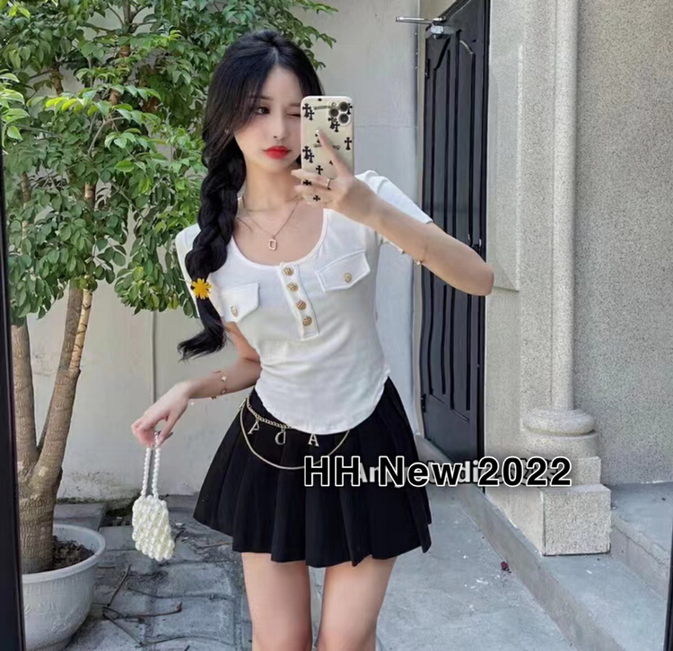 [HH] Korean style short sleeve T-shirt + high waist chain decorative Skirt Set (with removable chain) 8271# LSL