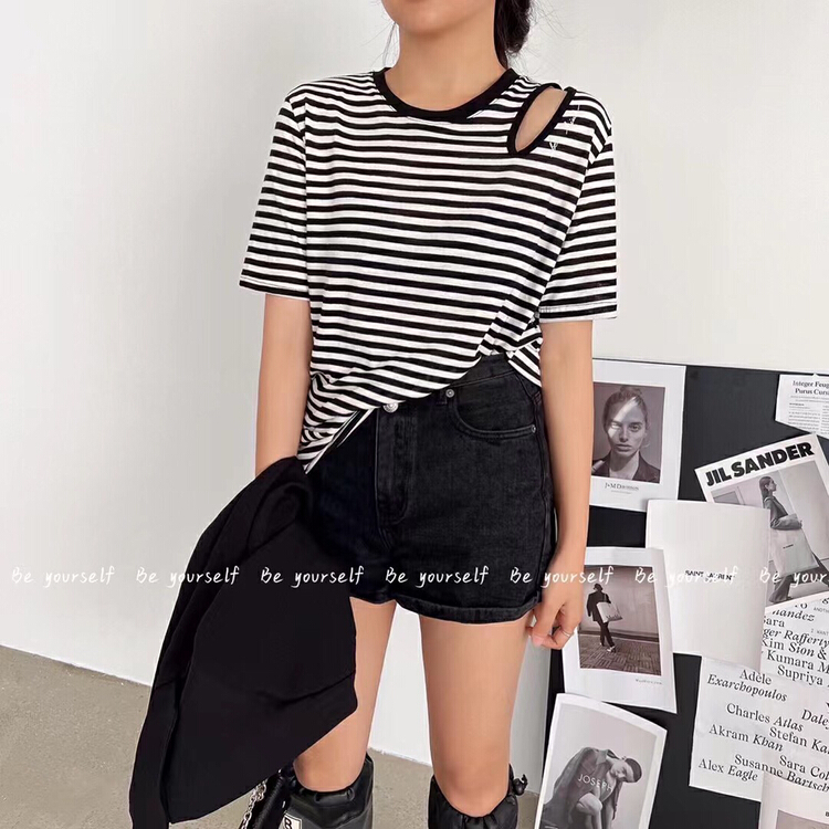 New in early summer! [be your self] Korean versatile off shoulder letter short sleeve T-shirt t66158# LSL