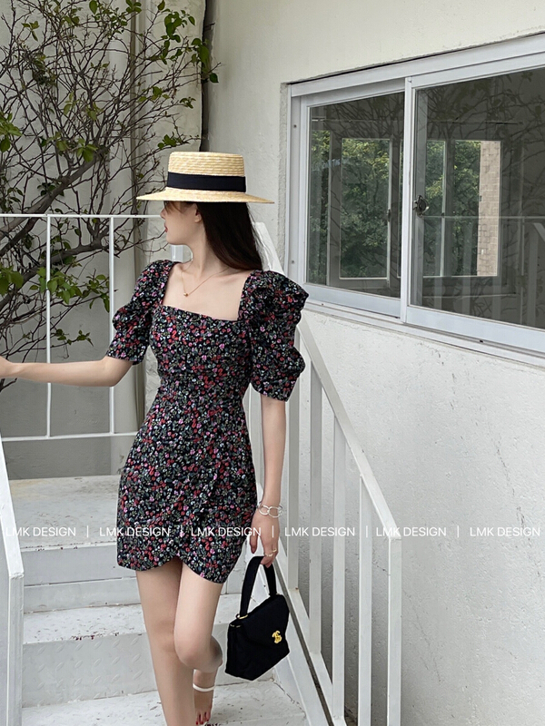 goods in stock! New in early summer! [LMK] square neck bubble sleeve floral dress 2209# hjy