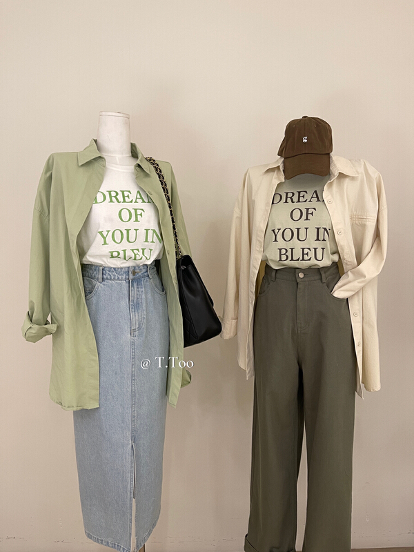 goods in stock! New year in early spring! [t-too] crew neck lettered printed short sleeve T-shirt + loose shirt two piece set (without matching) 662878# LSL