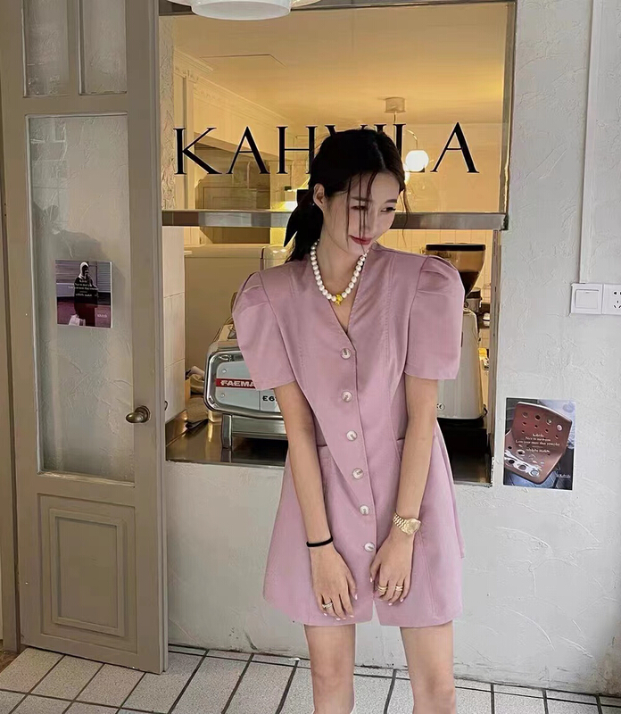 [AOT] simple temperament breasted bubble sleeve dress 5251# XYY