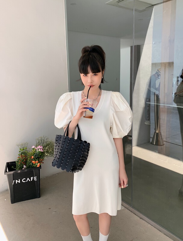 [DTU] Korean version small fragrance bubble sleeve slim dress 32973# LSL