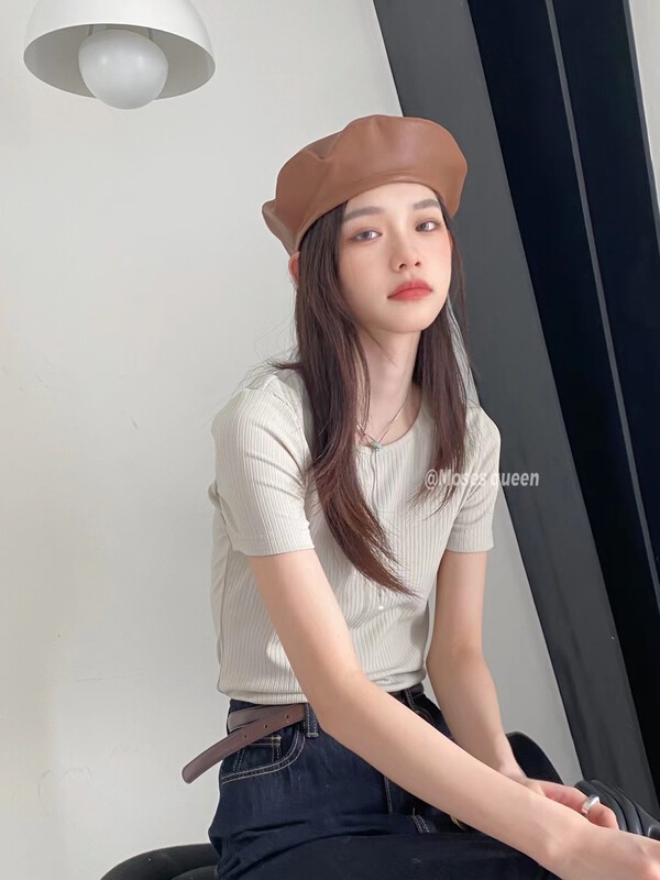 [Moses queen] Korean hollow out backless design, slim and slim short sleeve T-shirt 50291# zjy