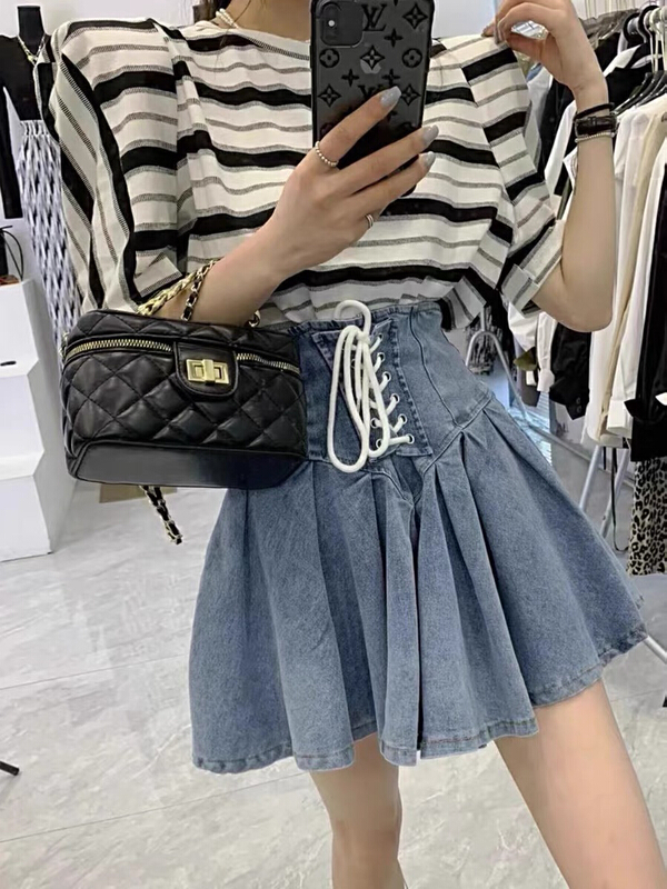 [JH] Korean striped Bubble Sleeve Top + bandage high waist denim skirt two piece suit 41572# PCZ