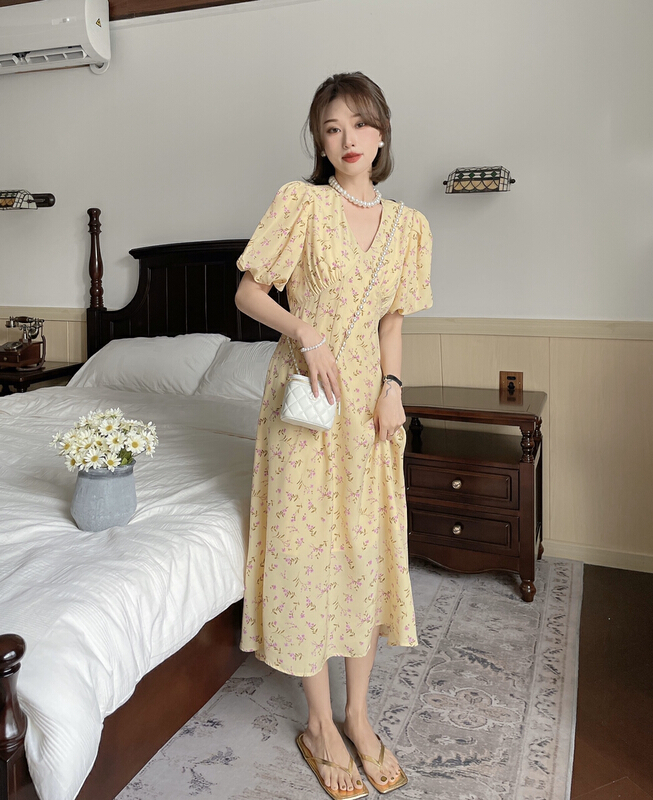 [J2. J1wg] Korean floral princess sleeve slim dress 22155# cqw