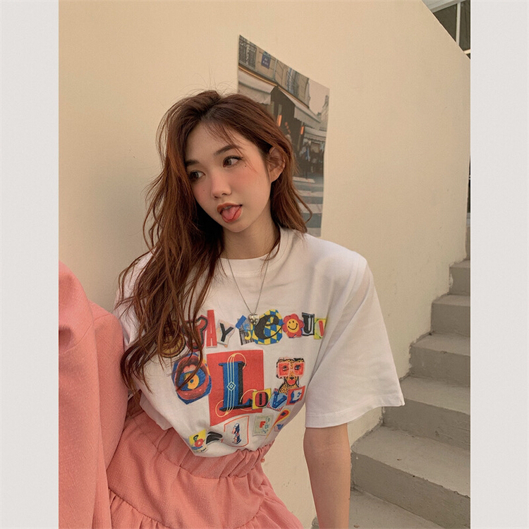 goods in stock! New in early summer! [timely rain] Korean style ins casual and versatile print pattern loose short sleeve T-shirt 59210# WPL