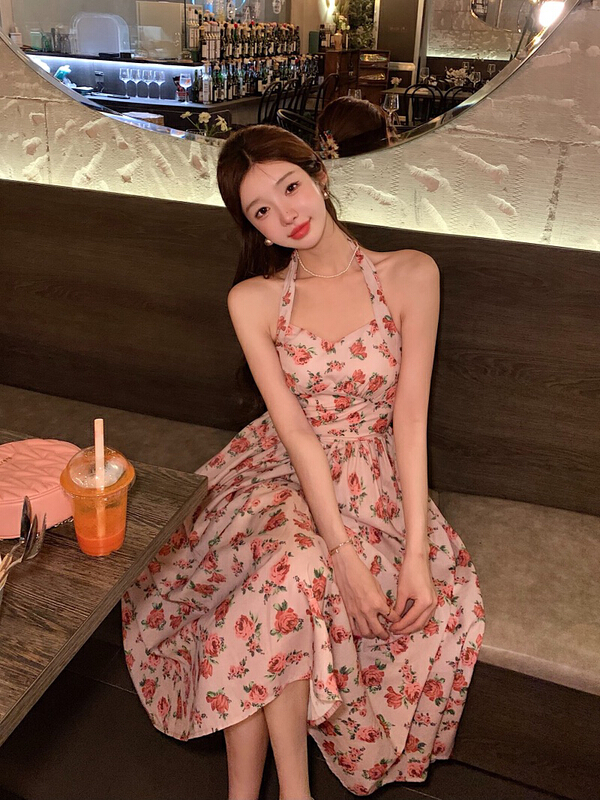 [x · h studio] French retro design floral halter dress 6070# ozq
