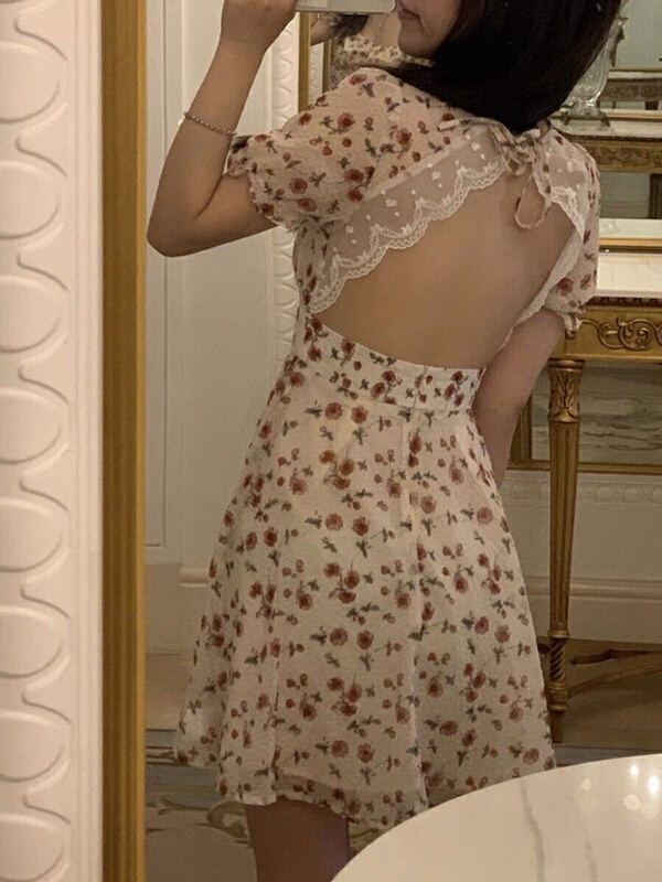 [LML] French bubble sleeve floral dew back waist dress 9565# ozq