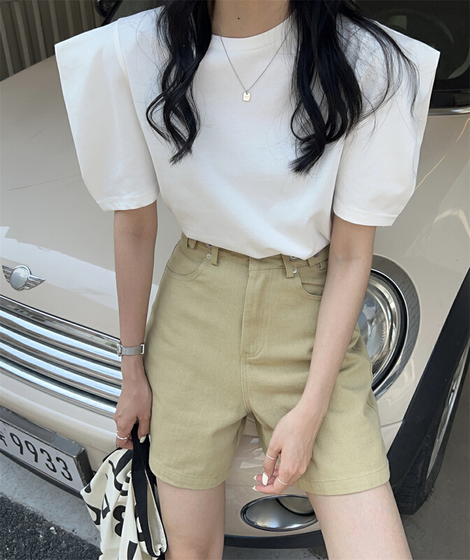 [FM] simple and versatile bubble sleeve slim short sleeve T-shirt 6889# CLS