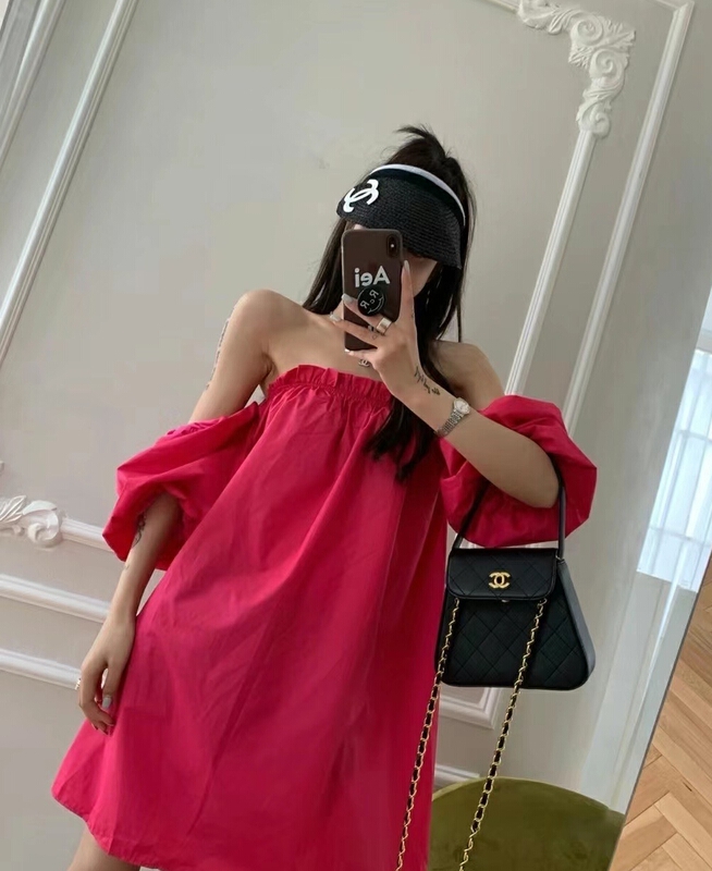 [mix] off shoulder bubble sleeve short sleeve solid dress 0210# WTT