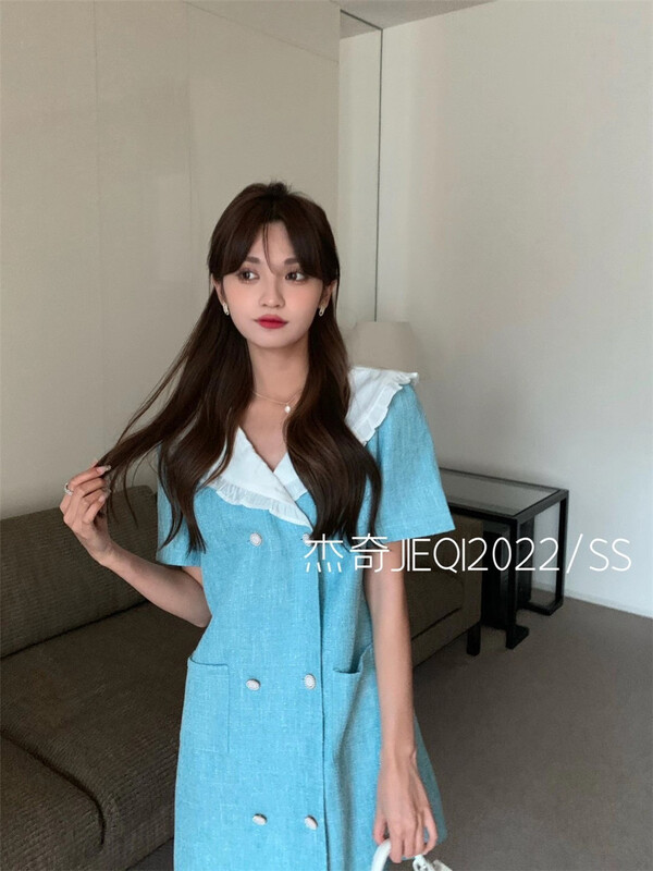 [Jieqi] Korean color contrast collar double breasted small Xiangfeng dress 88539# zxx