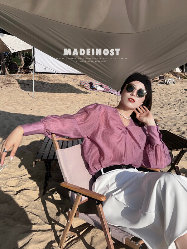 New year in early spring! [OSHA madeinost] design sense kink V-neck micro transparent sunscreen shirt 86099# ll