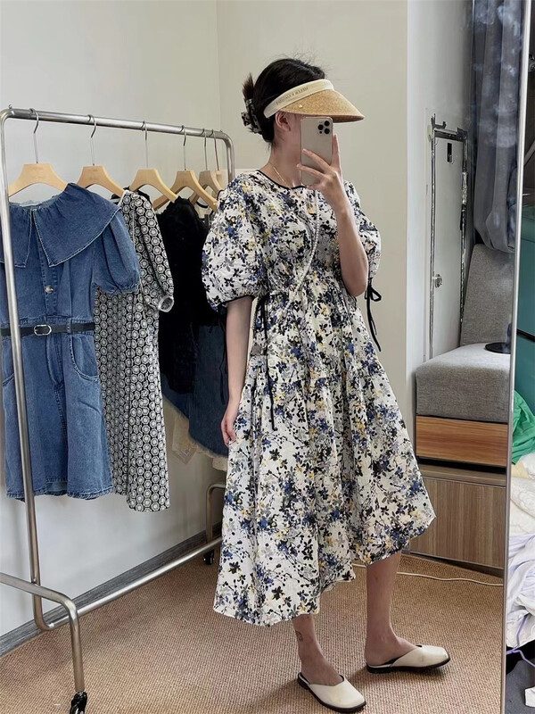 [Amy] French round neck bubble sleeve dress y1467# JJ