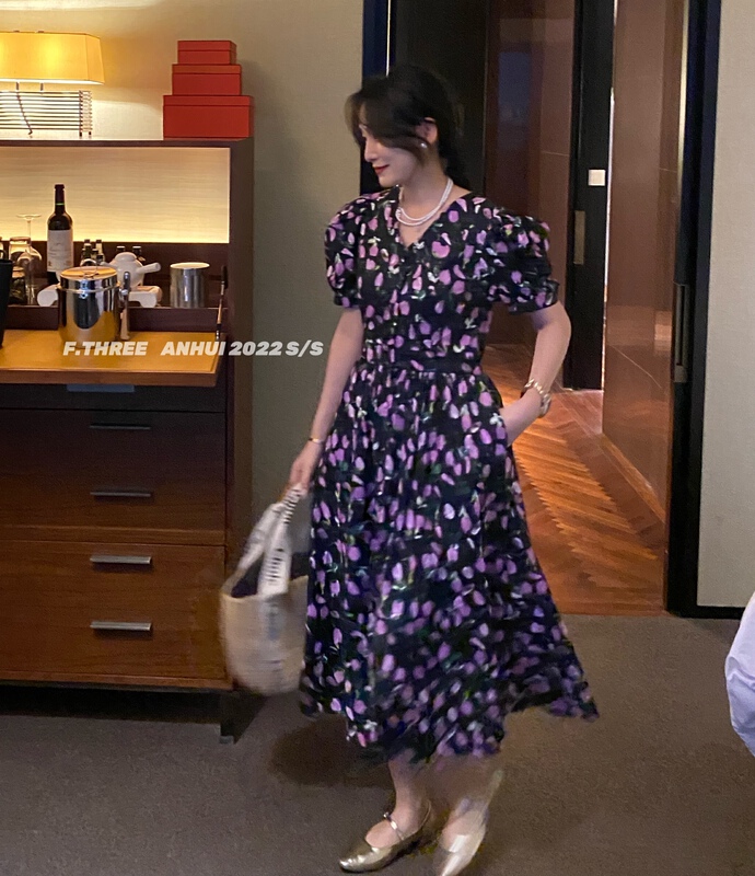 New in early summer! [f.three] Korean single breasted floral dress 95158# XJ