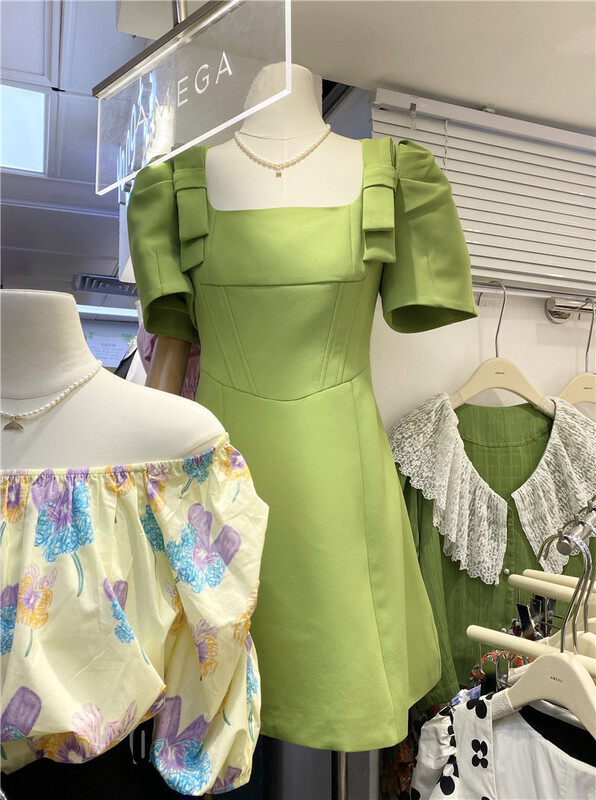 [amega] square neckline with waist showing thin temperament dress 6855# HBx