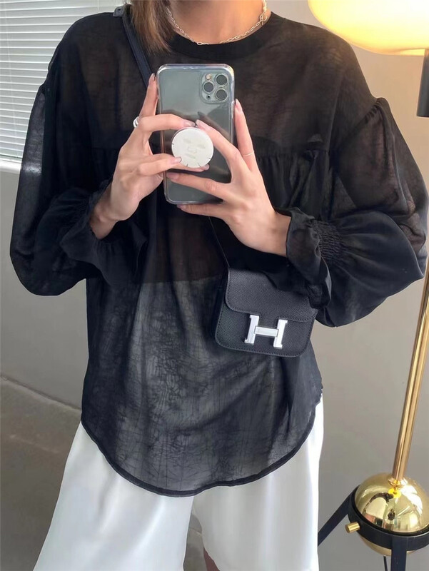 [black + white] personalized round neck Pullover long sleeve micro transparent blouse 2725# lwy