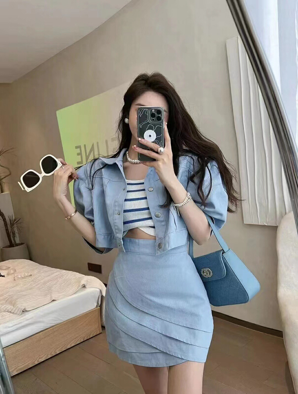 [mi ni] Western style work clothes cowboy coat + high waist slim skirt suit 1022# PCZ