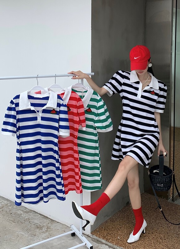 [our] Korean versatile striped polo collar embroidered short sleeve T-shirt 9973# LSW