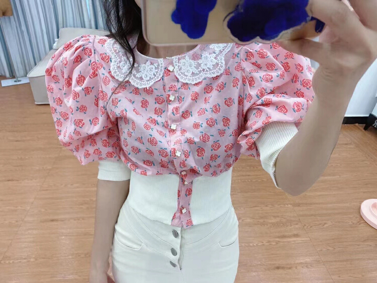 現貨!初夏上新!【MI】復古蕾絲拼接碎花收腰小衫  9007#  PCZ