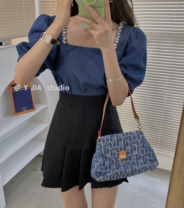 goods in stock! [y.jia Yijia] heavy industry Nail Drill square neck denim shirt + high waist slim pleated skirt set ys4-3305# PCZ