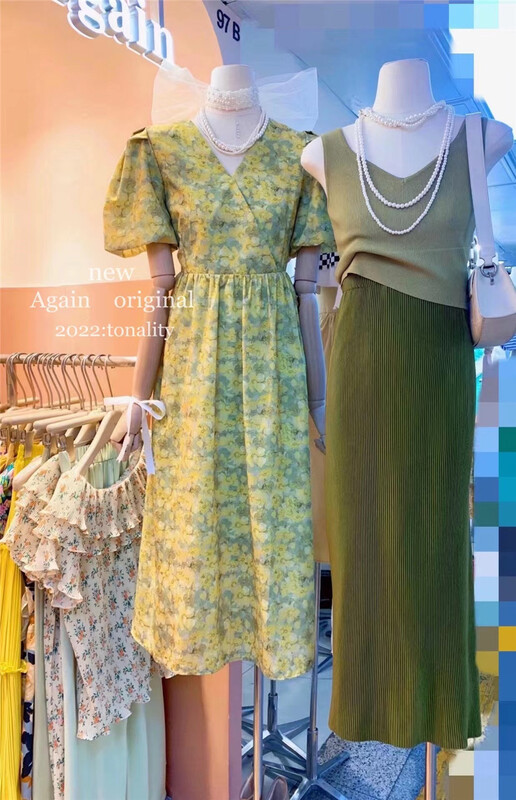 [again] V-neck floral back hollowed out dress (without hair circle) ys1-6119# PCZ