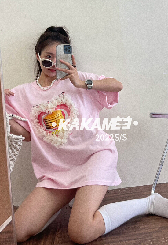 [kakamee] Hamburg printed lace love lace round neck short sleeve T-shirt s512# LSL