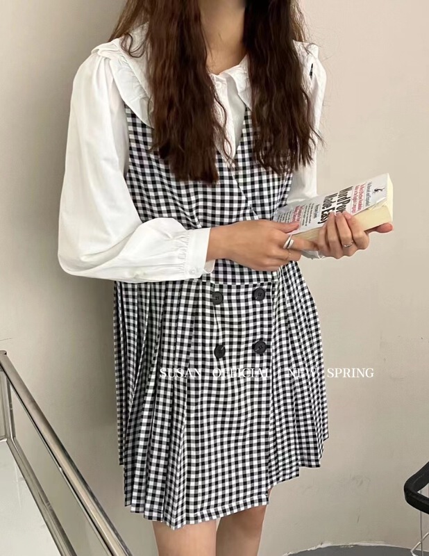 New year in early spring! [Susan] double row button check fashion slim suspender skirt (with shirt) z836837# LSW