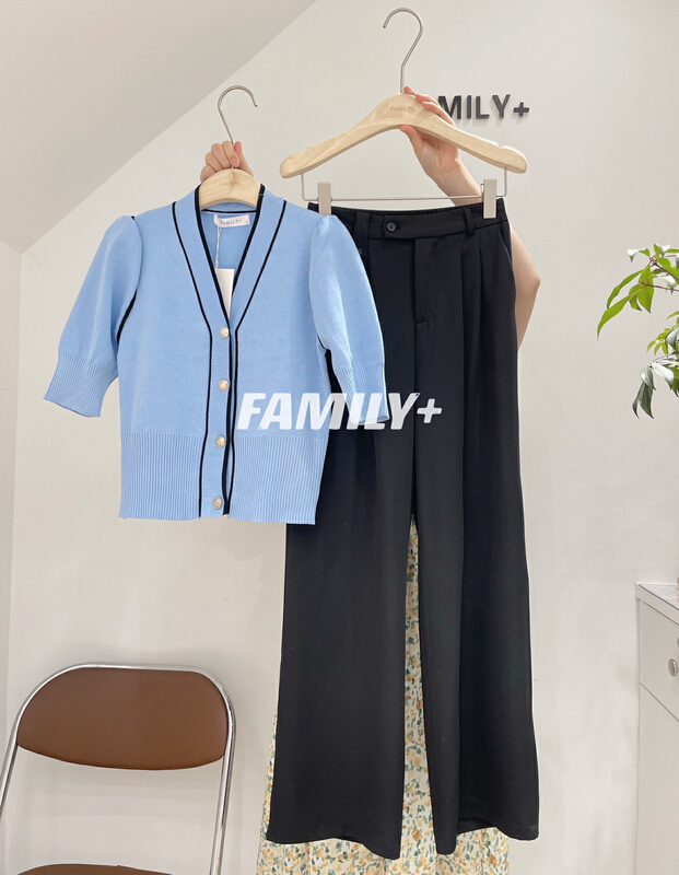 [family +] Korean contrast color breasted knit cardigan + loose casual pants two-piece suit 2190# ozq
