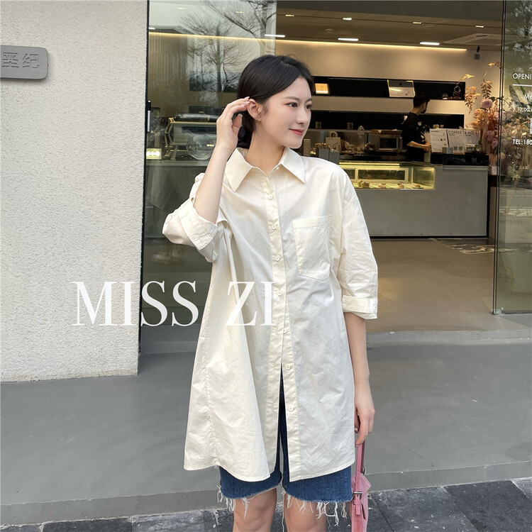 goods in stock! [miss Zi] Korean version solid color medium length shirt 2306# cqw