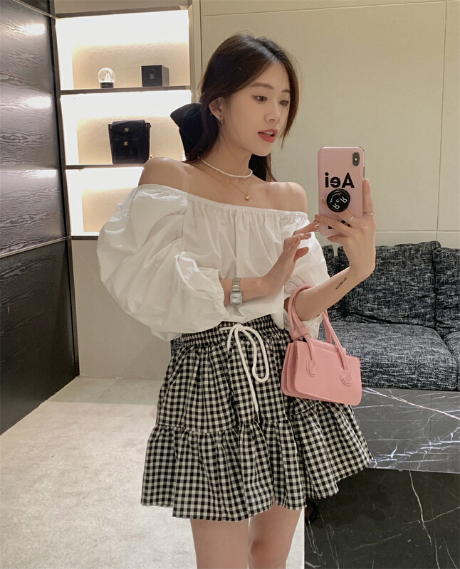 [ange run] high waist lace up plaid skirt 3039# zjy