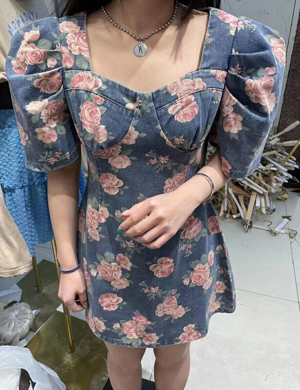 [mi ni] Korean Vintage flower denim dress 2975# PCZ