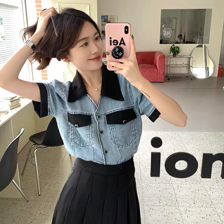 [Huaxi] Korean color matching denim shirt ➕ High waist pleated skirt suit 9005# PCZ