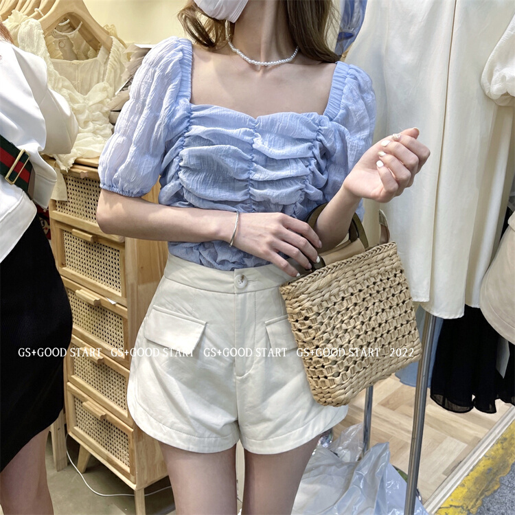 New in early summer! [GS. Good star] small women's square neck craft short shirt 22183# hjy