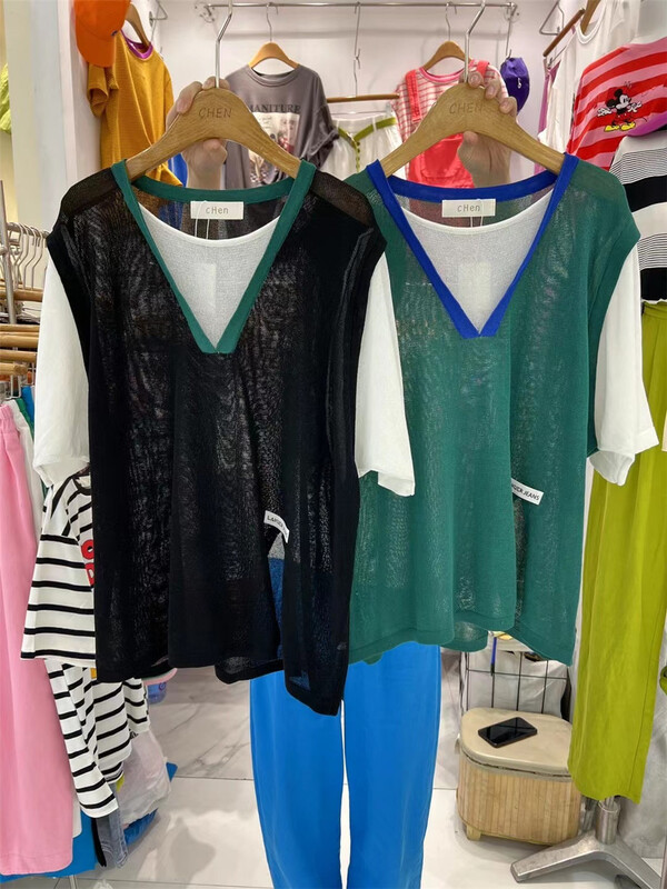 [Chen] Korean fake two piece splicing short sleeved ice silk sweater ys1-6751# cqw