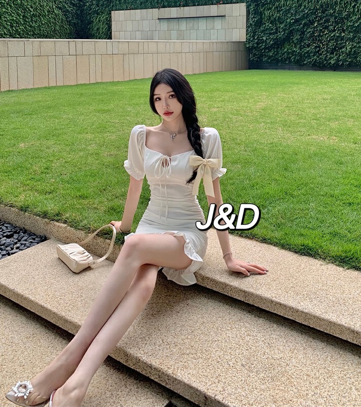 【J&D家】韓系方領褶皺修身連衣裙  9903#  JJ