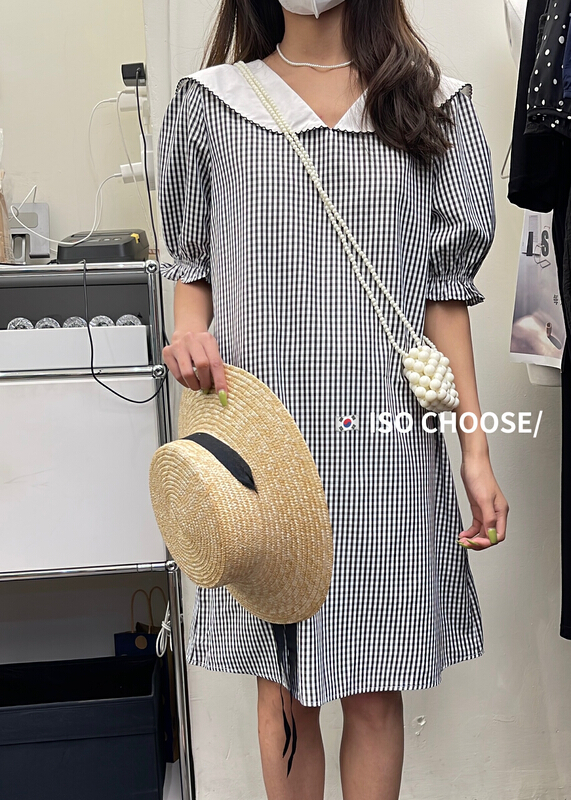 [ISO Korean series] small minority design fat mm Korean style dress with navy collar contrast color dress 66166# hjy