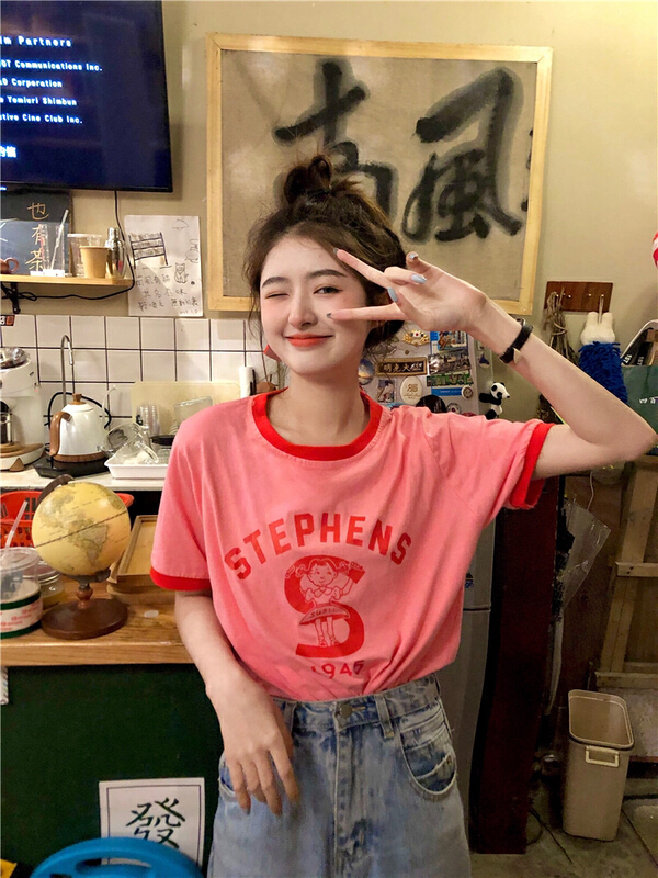 New in early summer! [timely rain] pink and tender Korean style ins girl lovely vitality cartoon printing loose wrapped short sleeve T-shirt 77739# WPL