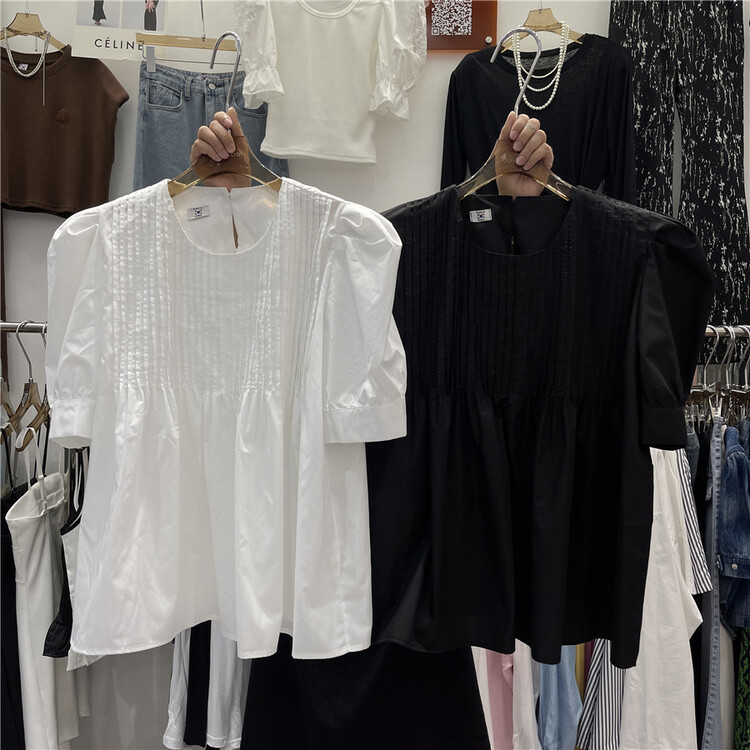 [show] round neck doll loose pleated temperament blouse 88355# ozq