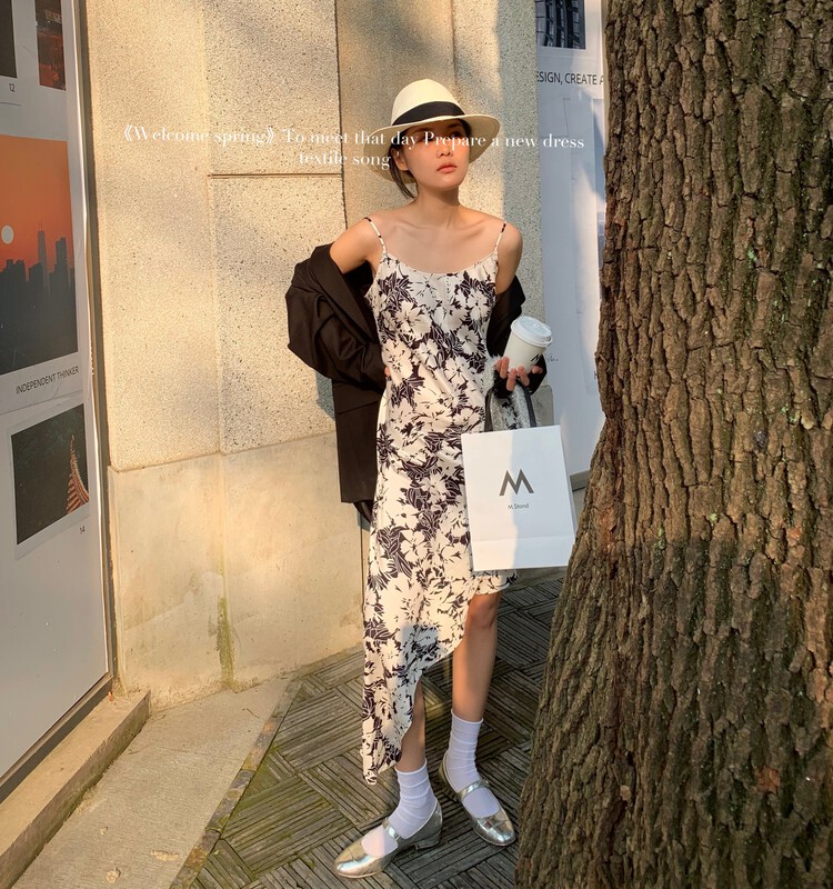 [TS] temperament printing irregular suspender dress ts805# cqw