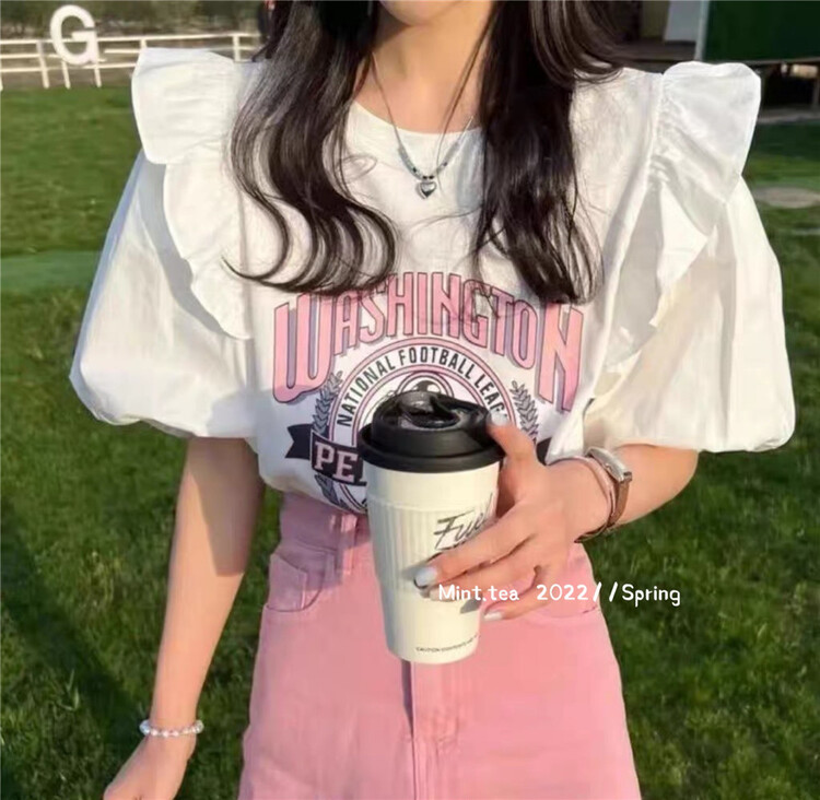 [mint tea] Korean sweet letter printed short sleeved T-shirt with fungus edge 22055# zjy