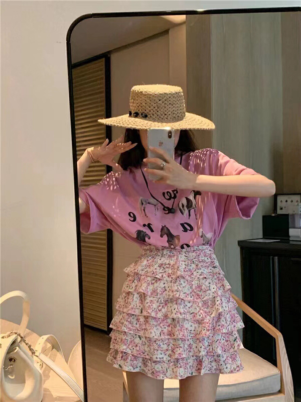 [mi ni] casual cartoon printed short sleeve + temperament floral skirt set 1009# PCZ