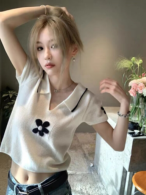 [are studio] simple and versatile polo collar flower T-shirt 81152# zxx