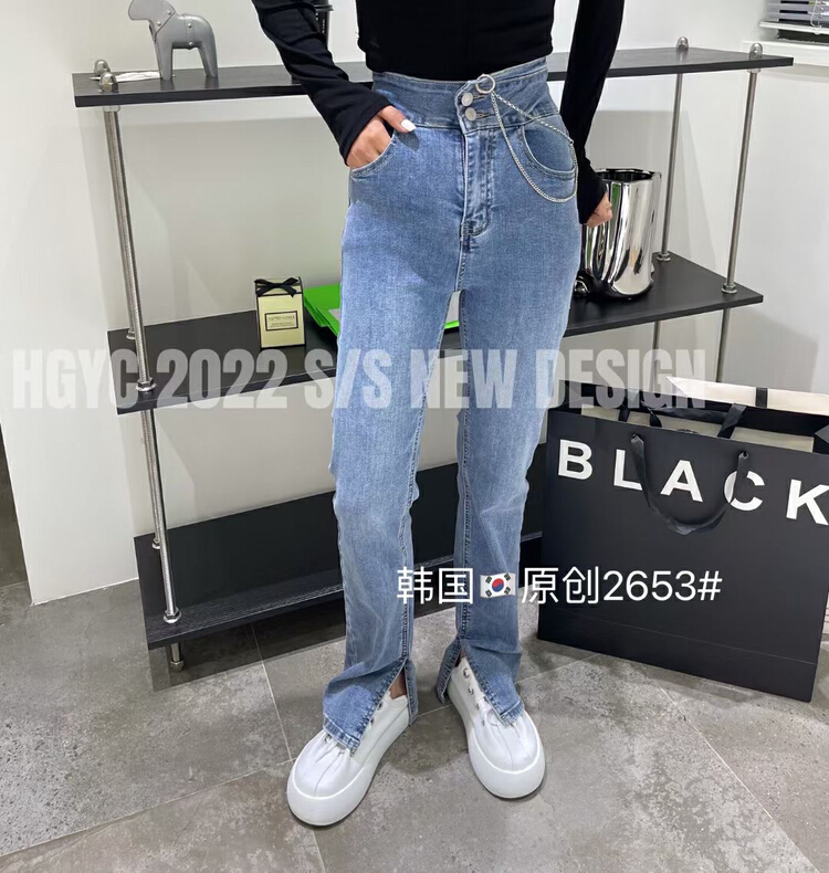 New year in early spring! [thgz fairy tale princess] high waist diagonal high low chain small design straight jeans 2653# JJ