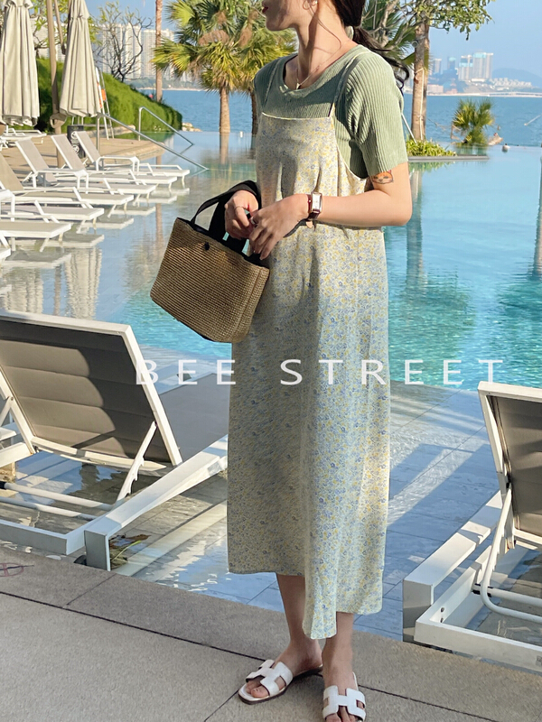New year in early spring! [bee Street] temperament floral suspender dress 2379# Cl