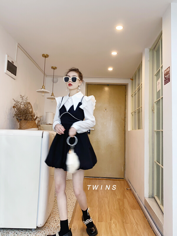 早春上新!【TWINS】小眾長袖尖領襯衫+韓系純色顯瘦吊帶連衣裙套裝  8052#  HJY