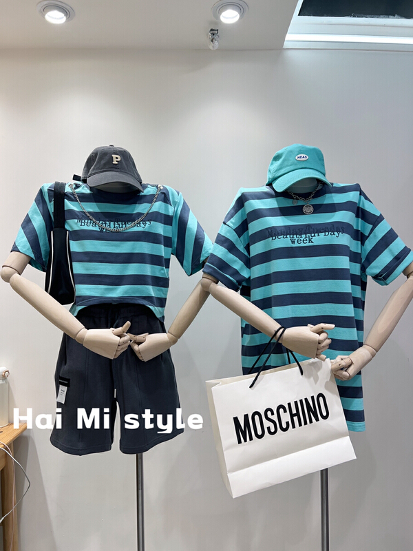 New year in early spring! [Haimi] Korean casual versatile stripe short shoulder pad short sleeve T-shirt 5515# WTT